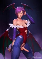 1futa areolae balls bare_shoulders bat_print bat_wings breasts cleavage clothed clothing crotchless darkstalkers erect_nipples erect_penis erection flat_chest futa_only futanari head_wings humanoid humanoid_penis leotard light-skinned_futanari light_skin lilith_aensland looking_to_the_side mostly_clothed nipples pantyhose partially_retracted_foreskin penis pubic_hair purple_hair red_eyes short_hair smooth_balls smooth_penis solo standing succubus succubus_costume tarakanovich torn_clothes uncut wings