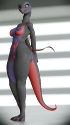 3d_(artwork) absurd_res anthro black_body blender_(software) breasts digital_media_(artwork) feet female fingers generation_7_pokemon genitals hands_behind_back hi_res hopeakiilto nintendo nipples nude pokemon pokemon_(species) pupils purple_eyes pussy reptile ribbons salazzle scalie slit_pupils small_breasts smile solo standing tail toes