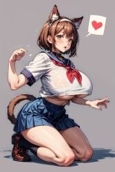 1girls ai_generated animal_ear_fluff animal_ears bangs belt_collar black_collar black_socks blue_sailor_collar blue_skirt blush breasts brown_eyes brown_footwear brown_hair cat_ears cat_girl cat_tail collar crop_top crop_top_overhang full_body grey_background hairband heart huge_breasts kneehighs kneeling lips loafers looking_at_viewer miniskirt mole mole_under_eye navel neckerchief open_mouth parted_lips pleated_skirt red_neckerchief sailor_collar school_uniform serafuku shadow shirt shoes short_hair short_sleeves simple_background skirt socks solo spoken_heart stable_diffusion sweat tail thighs underboob wet white_hairband white_shirt