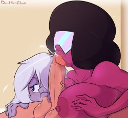 2girls1boy afro amethyst_(steven_universe) big_breasts big_lips cum cum_in_mouth davidsanchan dick_sucking_lips garnet_(steven_universe) hair_over_one_eye paizuri partial_male purple_skin red_skin steven_universe tagme