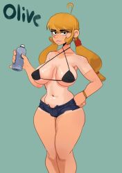 1girls alternate_version_available blonde blonde_female blonde_hair blonde_hair_female bra dand_u female female_focus female_only olive_(dand_u) short_shorts water_bottle