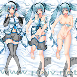 1girls 2d areolae arm_tattoo artist_request bangs bare_shoulders big_breasts black_sleeves blue_hair blue_necktie bra bra_down breasts collared_shirt color detached_sleeves eyebrows_visible_through_hair female female_only grey_skirt grey_thighhighs hatsune_miku light-skinned_female light_skin long_hair looking_at_viewer multiple_views navel necktie nipples open_mouth open_shirt panties panties_around_leg panties_down pleated_skirt red_tattoo shirt skirt skirt_down sleeveless sleeveless_shirt sleeves solo striped_panties tattoo text thighhighs thighhighs_removed twintails url vocaloid watermark white_bra white_shirt