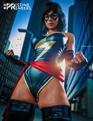 3d 3d_(artwork) artist_name birds boots brown-skinned_female brown_body brown_eyes brown_hair brown_skin city city_background costume gloves kamala_khan lamppost marvel marvel's_avengers_(game) marvel_comics mask masked_female ms._marvel ms._marvel_(carol_danvers)_(cosplay) ms._marvel_(kamala_khan) outdoors outside pristinerenders road scarf sky superhero superheroine