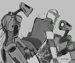 ambiguous_penetration ass black_and_white double_penetration gabriel_(ultrakill) gay gay_sex grayscale greyscale helmet mask masked robophilia robot threesome ultrakill v1_(ultrakill) v2_(ultrakill)