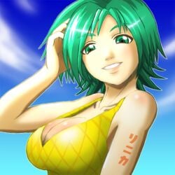 1girls blue_sky cleavage collarbone green_eyes green_hair hand_in_hair kikucho large_breasts looking_at_viewer outline short_hair sky smile solo sonika sports_bra suggestive tattoo vocaloid white_outline yellow_bra