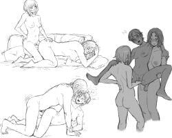 1futa 2girls all_fours anal ass balls breasts carrying_partner dark-skinned_futanari dark_skin female fingering_pussy futa_on_female futanari greyscale human light-skinned_female light_skin missionary_position nude nude_female penis perkytiddies09 sex sketch threesome