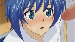 aichi_sendou background beige_skin blue_eyes blue_hair cardfight!!_vanguard censored clothed color cum gay human male male_only open_mouth oral penis short_hair solo_focus tongue