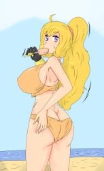 1girls beach bikini bikini_bottom bikini_top blonde_female blonde_hair fjtiko long_hair long_hair_female looking_back ocean ponytail popsicle purple_eyes robotic_arm rwby yang_xiao_long zronku