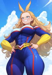 1girls 2020s 2024 abs ai_generated all_might anime bimbo blonde_hair blue_eyes blush clenched_teeth clouds confidence confident confident_smile curvy day female fully_clothed furrowed_brow genderswap_(mtf) hands_on_hips krystalizedart large_breasts lips lipstick long_eyelashes long_hair manga milf muscular muscular_female my_hero_academia nails narrow_waist outdoors rule_63 sky smile solo solo_focus superhero superheroine thick_thighs toshinori_yagi upper_body wide_hips