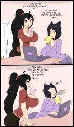 2girls big_breasts black_hair black_hair_female blake_belladonna cat_ears cleavage clothed_female fjtiko laptop long_hair long_hair_female ponytail raven_branwen red_eyes rwby spit_take yellow_eyes zronku