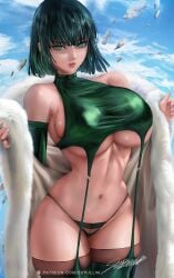 1girls artist_signature big_breasts breasts_bigger_than_head cape clothed clothing color female female_focus female_only fubuki_(one-punch_man) green_eyes green_hair hi_res large_breasts light-skinned_female light_skin looking_at_viewer one-punch_man panties short_hair sky solo solo_female superheroine supullim tagme thick_thighs thighhighs underboob