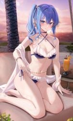 1girls bare_shoulders barefoot beach bikini blue_bikini blue_eyes blue_hair blush breasts cleavage closed_mouth collarbone female frilled_bikini frills hair_between_eyes hololive hololive_gen_0 hololive_japan hoshimachi_suisei looking_at_viewer medium_breasts medium_hair navel outdoors outside ru_zhai side_ponytail smile solo star_in_eye swimsuit thighs virtual_youtuber