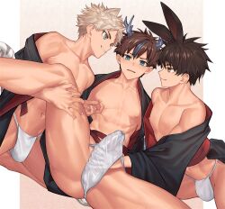 3boys animal_ears aqua_eyes bare_legs bare_pectorals bare_shoulders black_hanfu blue_eyes blush brown_hair bulge chinese_clothes chinese_zodiac collarbone commentary_request covered_penis dragon_boy dragon_horns dutch_angle erection erection_under_clothes frown fundoshi grin half-closed_eyes handjob handjob_under_clothes hanfu highres horns japanese_clothes knee_up kneeling long_sleeves looking_at_another looking_at_viewer male_focus multicolored_hair multiple_boys navel nayoshi_(r-744) nipple_tweak nipples off_shoulder open_clothes orange_eyes original paid_reward_available parted_lips pectorals precum precum_through_clothes profile rabbit_boy rabbit_ears short_hair side-by-side sitting smile smirk spiked_hair spread_legs tail thigh_grab tiger_boy tiger_ears tiger_tail toned toned_male variant_set white_hair wide_sleeves yaoi