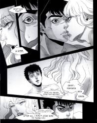 2boys berserk black_hair comic completely_nude_male dialogue doujin doujinshi gay gay_sex griffith guts_(berserk) long_hair muscular_male nude_male short_hair text white_hair yaoi