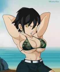 armpits arms_up big_breasts bikini black_hair dragon_ball dragon_ball_the_breakers earrings koturitsu lipstick original_character shorts sweat tight_bikini yellow_eyes