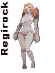 angular big_breasts breasts cheetahboiyt_(artist) curvy female female_only gijinka gray_body legendary_pokémon multi_eye orange_eyes orange_hair orange_nipples pokemon pokemon_(species) pokemon_rse pussy regirock rock seven_eyes stone_body