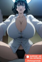 ai_generated anime bed bedroom black_hair black_panties breasts_bigger_than_head breasts_squeezed_together cleavage fantasyprompt female female female_only from_below fubuki_(one-punch_man) gigantic_breasts green_hair huge_breasts multicolored_hair narrow_waist on_bed on_top one-punch_man sexually_suggestive short_hair slim_waist smile spread_legs suggestive tight_clothing tight_fit white_shirt wide_hips