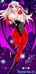 1girls artist_name bad_id bad_pixiv_id big_breasts blue_eyes boots breasts cleavage cosplay darkstalkers female female_only full_body hair_ornament hi_res looking_at_viewer lost_media love_live! love_live!_nijigasaki_high_school_idol_club morrigan_aensland_(cosplay) nail_polish rachel_alu_22 red_clothing rose solo sparkles succubus wings zhong_lanzhu