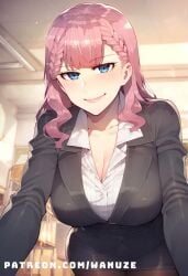 ai_generated all_fours big_ass big_breasts big_butt big_thighs blue_eyes blush braid huge_ass huge_breasts huge_butt huge_thighs kirisu_mafuyu_(bokuben) pink_hair school twin_braids wanuze wide_hips