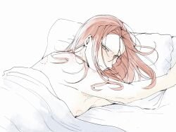 androgynous bite_mark bite_marks blush feminine_male gyakuten_saiban hickey implied_sex in_bed long_hair looking_at_viewer lower_body_out_of_frame male_focus male_only morning_after no_background pale_skin pretty_boy red_hair shirtless shirtless_male simeon_saint solo solo_focus solo_male suggestive under_covers upper_body