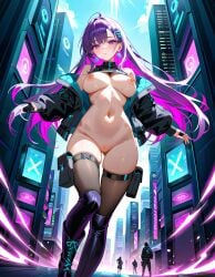 ai_generated cyberpunk_background cyberpunk_girl futuristic_clothing futuristic_theme purple_eyes purple_hair