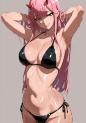 ai ai_generated bikini breasts chest darling_in_the_franxx heisel_ai oiled pink_hair underwear wet zero_two_(darling_in_the_franxx)