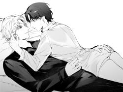 2boys black_and_white feminine_male fully_clothed gay hand_on_hip laying_on_bed looking_at_partner love_and_deep_space male_only manga rafayel_(love_and_deep_space) suggestive sylus_(love_and_deep_space) yaoi