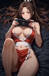 ai_generated big_ass big_breasts brown_hair fatal_fury hands_on_breasts king_of_fighters kneeling mai_shiranui red_clothing solo street_fighter street_fighter_6