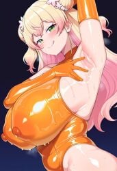 1girls ai_generated arm_up armpit armpits armwear ass big_ass blonde_hair blush female green_eyes hair_buns hair_ornament hairbuns highleg_leotard hololive hololive_japan huge_breasts latex latex_armwear latex_leotard leotard looking_at_viewer momosuzu_nene nipples nipples_visible_through_clothing oiled oiled_body oiled_skin orange_latex orange_latex_armwear orange_latex_leotard paramastudio sexy_armpits simple_background solo steamy_breath thick_thighs thighs virtual_youtuber