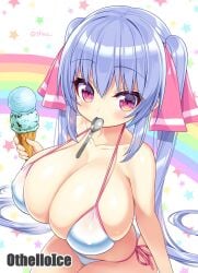 1girls adorable big_breasts bikini blue_hair blush breasts breasts_bigger_than_head cleavage collarbone cute female hourglass_figure huge_breasts ice_cream large_breasts looking_at_viewer looking_up nipples_visible_through_clothing pink_eyes ribbon riko_(shuz) shiny_breasts shiny_skin shortstack shuz_(dodidu) sideboob soft_breasts spoon thick_thighs thighs twintails two_tone_eyes utensil_in_mouth very_long_hair white_bikini