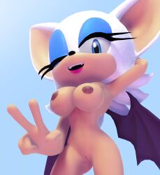 3d 3d_(artwork) 3d_model 3d_render anthro anthro_female anthro_only bat_ears bat_wings big_ass big_booty big_breasts big_butt big_titties blue_eyes blue_eyeshadow dark_areola dark_nipples dark_skin eyelashes fangs furry furry_female furry_only hips hourglass_figure mobian_(species) naked naked_female one_arm_behind_head one_eye_closed open_smile peace_sign pink_lipstick pussy rarequinez rouge_the_bat sega sonic_(series) sonic_the_hedgehog_(series) thick_thighs thighs vagina white_fur white_hair wink winking winking_at_viewer