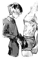 2boys abs blush bulge cropped_legs erection erection_under_clothes from_side greyscale highres long_sleeves male_focus male_underwear monochrome multicolored_hair multiple_boys muscular muscular_male numuhe pants profile sasaki_haise shirt skinny striped_clothes striped_pants sweat tokyo_ghoul tokyo_ghoul:re topless two-tone_hair underwear yaoi young