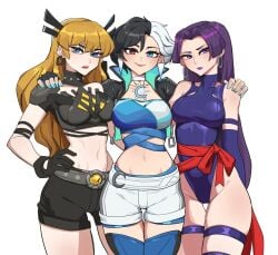 3girls arms_around_shoulders belt big_ass big_breasts black_gloves black_shorts black_white_hair blue_eyes breasts collar earrings female female_only fully_clothed gloves heterochromia hips hips_wider_than_shoulders hyyun_ho leotard lipstick long_hair luna_snow luna_snow_(marvel_rivals) magik_(illyana_rasputin) magik_(marvel_rivals) marvel marvel_comics marvel_rivals midriff navel psylocke psylocke_(marvel_rivals) sai_(marvel) short_hair shorts shoulder_pads shoulders skin_tight slender_waist spiked_collar standing thick_thighs thigh_gap thigh_strap thighhighs vengeance_psylocke violet_eyes violet_gauntlets violet_hair white_collar x-men