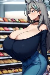 ai_animation ai_generated animal_ears animated blue_archive bouncing_breasts choker cleavage denim denim_pants gigantic_breasts grey_hair hair_ornament halo jeans kurage_shokushu_(style) off_shoulder pants sagging_breasts self_upload shiroko_(blue_archive) shiroko_(terror)_(blue_archive) sweater tagme video walking wolf_ears wolf_girl