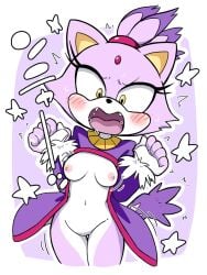 2d 2d_(artwork) 2d_artwork blaze_the_cat blush blush_lines breasts breasts_exposed breasts_out cat_ears cat_tail eyelashes fangs head_gem ketsumore40 open_mouth pink_areola pink_nipples ponytail purple_fur screaming sega small_breasts sonic_(series) sonic_the_hedgehog_(series) spitting surprised surprised_expression surprised_face thighs topless yellow_eyes