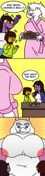 bathrobe bathrobe_only big_areola big_breasts breasts comic comic_strip cookies deltarune dialogue excited furry furry_female goat kris_(deltarune) licking_lips susie_(deltarune) tits_out toriel vanveleca