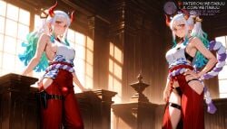 2girls ai_generated aqua_hair bare_arms bare_shoulders black_panties blush breasts curled_horns dual_persona earrings female gradient_hair green_hair grin hair_ornament hair_stick hakama hakama_pants hakama_skirt hand_on_own_hip hip_vent holster hoop_earrings horns indoors japanese_clothes jewelry kimono large_breasts long_hair looking_at_viewer low-cut_armhole medium_breasts meitabuu multicolored_hair multicolored_horns multiple_girls one_piece oni orange_eyes panties pants ponytail red_eyes red_hakama red_horns rope shimen sideboob sidelocks sleeveless sleeveless_kimono smile thigh_holster thigh_strap thighs two-tone_hair underwear weapon white_hair white_kimono yamato_(one_piece) yellow_horns