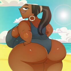 beach big_breasts chubby fat_ass female_only leotard leshawna_(tdi) looking_back_at_viewer obese smug total_drama_island vanilladream34 wide_hips