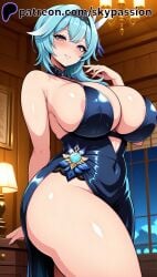 1female 1girls 1woman 2025 2d ai ai_assisted ai_generated alternate_costume anime anime_girl anime_style aqua_hair areola_slip arstist_name bare_shoulders black_hairband blue_dress blue_hair blush breast_focus breasts breasts_focus cleavage covered_navel curvy dress eula eula_(genshin_impact) female female_focus genshin_impact hair_ornament hairband hi_res high_quality high_resolution highres huge_breasts indoors large_breasts looking_at_viewer medium_hair parted_lips patreon patreon_logo patreon_username side_slit skypassion smile solo stable_diffision thick_thighs thighs vision_(genshin_impact) watermark woman_focus yellow_eyes