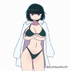 1:1 1girls animated arms_crossed artist_name big_breasts bikini breasts cleavage clothing coat coat_on_shoulders dark_hair eyebrows_visible_through_hair female female_only fubuki_(one-punch_man) fur_coat gif green_eyes hi_res hourglass_figure human light-skinned_female looking_at_viewer one-punch_man scruffmuhgruff short_hair slim solo swaying swaying_hips underboob watermark white_background