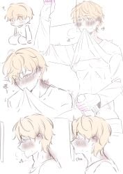 1boy ? alien_stage blonde_hair blush chinese_text erection erection_under_clothes handjob heavy_breathing kissing luka_(alien_stage) male_focus masturbation nostresstuna penis shirt shirt_in_mouth translated yellow_eyes