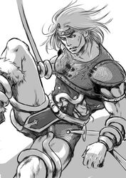 angry biceps black_and_white bondage bound captured castlevania clenched_teeth dagger headband imminent_rape leg_lift male male_only monochrome pauldrons restrained short_hair simon_belmont solo solo_male spread_legs spreading sword tentacles tentacles_on_male thighs torn_clothes weapon