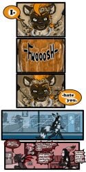 1:2 2021 9:18 anthro biped collar comic detailed_background dialogue english_text female fur genitals group hair havoc_(tatsuchan18) hi_res hyaenid lying male mammal mink_(tatsuchan18) on_back penis speech_bubble standing tatsuchan18 text