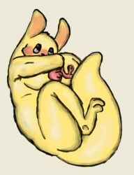 anthro big_breasts black_eyes blush breasts female fur glistening glistening_body glistening_fur lying monk_(rain_world) nipples overweight rain_world slugcat solo videocult welcometaco yellow_body yellow_fur