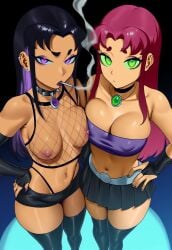 2girls ai_generated black_hair blackfire choker dc dc_comics earrings female/female female_only fishnet_clothing fishnets from_above goth goth_fashion goth_girl green_eyes highleg_panties jagat_ai long_hair looking_at_viewer medium_breasts miniskirt multicolored_hair nipple_piercing nipples orange_skin pierced_nipples purple_eyes red_hair smoking spiked_collar starfire tan_skin teen_titans thighhighs