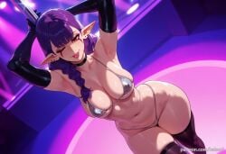 ai_generated armpits arms_up balecxi bikini black_choker black_gloves braid elbow_gloves esil_radiru female large_breasts long_hair looking_at_viewer navel one_eye_closed pointy_ears purple_hair red_eyes solo solo_leveling stomach stripper stripper_pole swimsuit thighhighs thighs tongue tongue_out