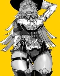 big_breasts blush blush catgirl cleanendme cowboy_hat fully_clothed fully_clothed_female genshin_impact hand_on_hat hat hoyoverse kirara_(genshin_impact) looking_down nipples pointy_breasts pointy_nipples shy suggestive suggestive_look thick_thighs thighs