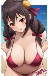 artist_name blush curvy huge_breasts jampen kono_subarashii_sekai_ni_shukufuku_wo! shy signature swimsuit voluptuous worried yunyun_(konosuba)