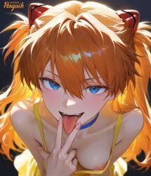 1girls ai_generated asuka_langley_sohryu blue_eyes breast_drop breasts breasts_out choker down_blouse dress female interface_headset light-skinned_female long_hair looking_at_viewer neon_genesis_evangelion nipples orange_hair patreon_username peace_sign penguih simple_background suggestive summer_dress tongue tongue_out twintails yellow_dress