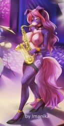 2019 5_fingers anthro areolae breasts canid canine canis closed_eyes clothing digital_media_(artwork) domestic_dog female fingers footwear high_heels imanika legwear mammal musical_instrument nipples saxophone shantae_(ricochetcoyote) solo standing thigh_highs